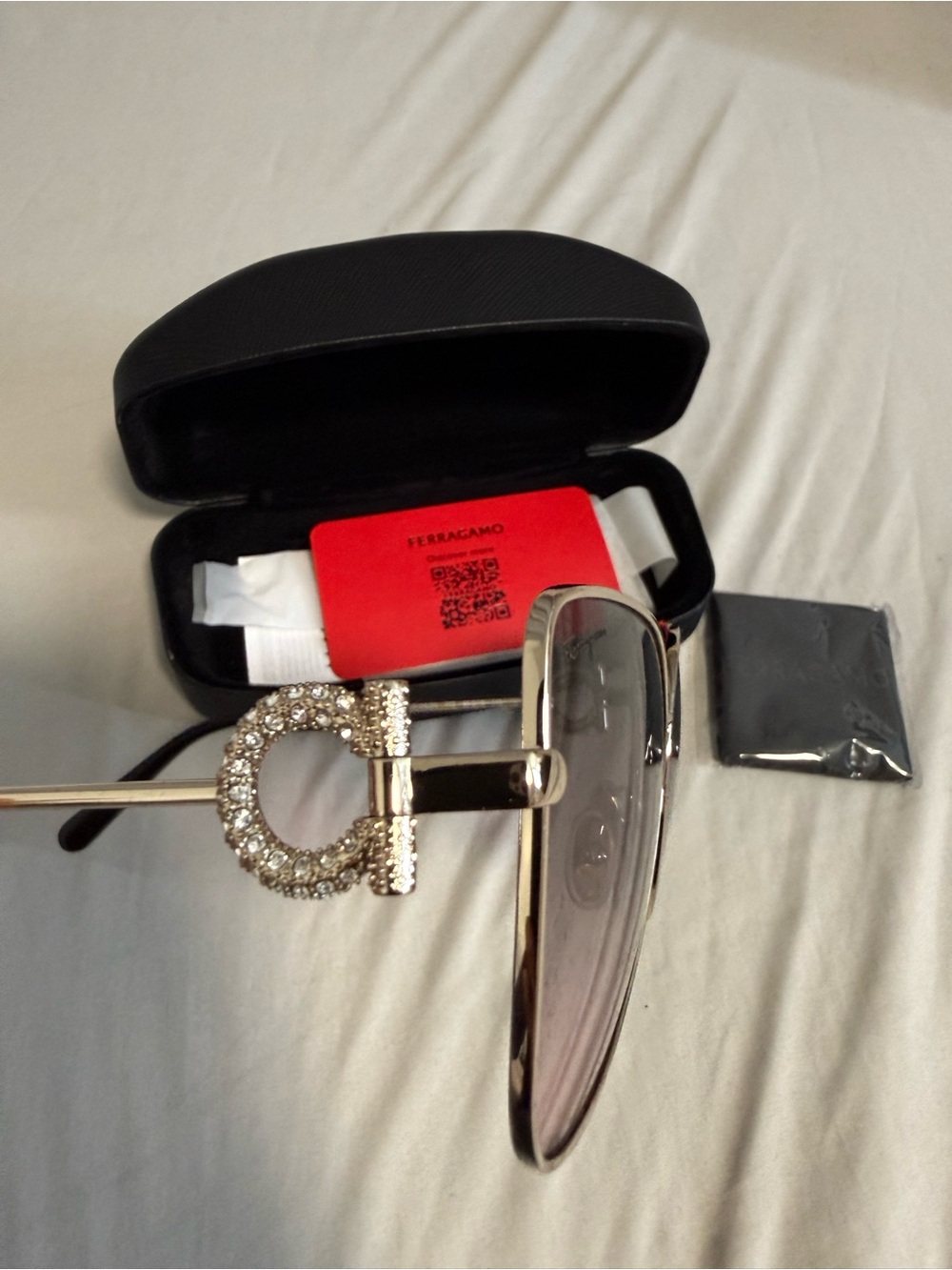 Salvatore Ferragamo Gold Sunglasses with Crystal Gancini and Smoke Lenses
